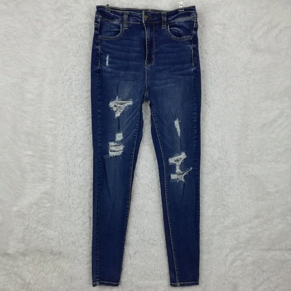 American‎ Eagle Womens Jeggings Super Stretch Blue Denim Super Hi-Rise Ripped 4 - Picture 1 of 13